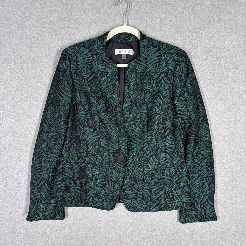 Kasper Jacquard Blazer Size 8 Emerald Forest Leaf Palm Print Old Money Classic